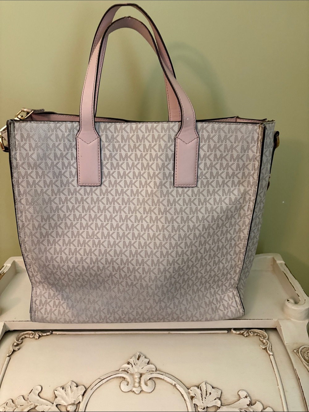 EUC- Michael Kors Pink Logo Tote with Striped Crossbody Strap & Wallet - Picture 4 of 17